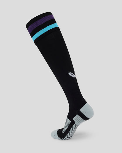Black England Rugby Alternate sock with purple and turquoise stripes at the cuff and Castore wing logo.