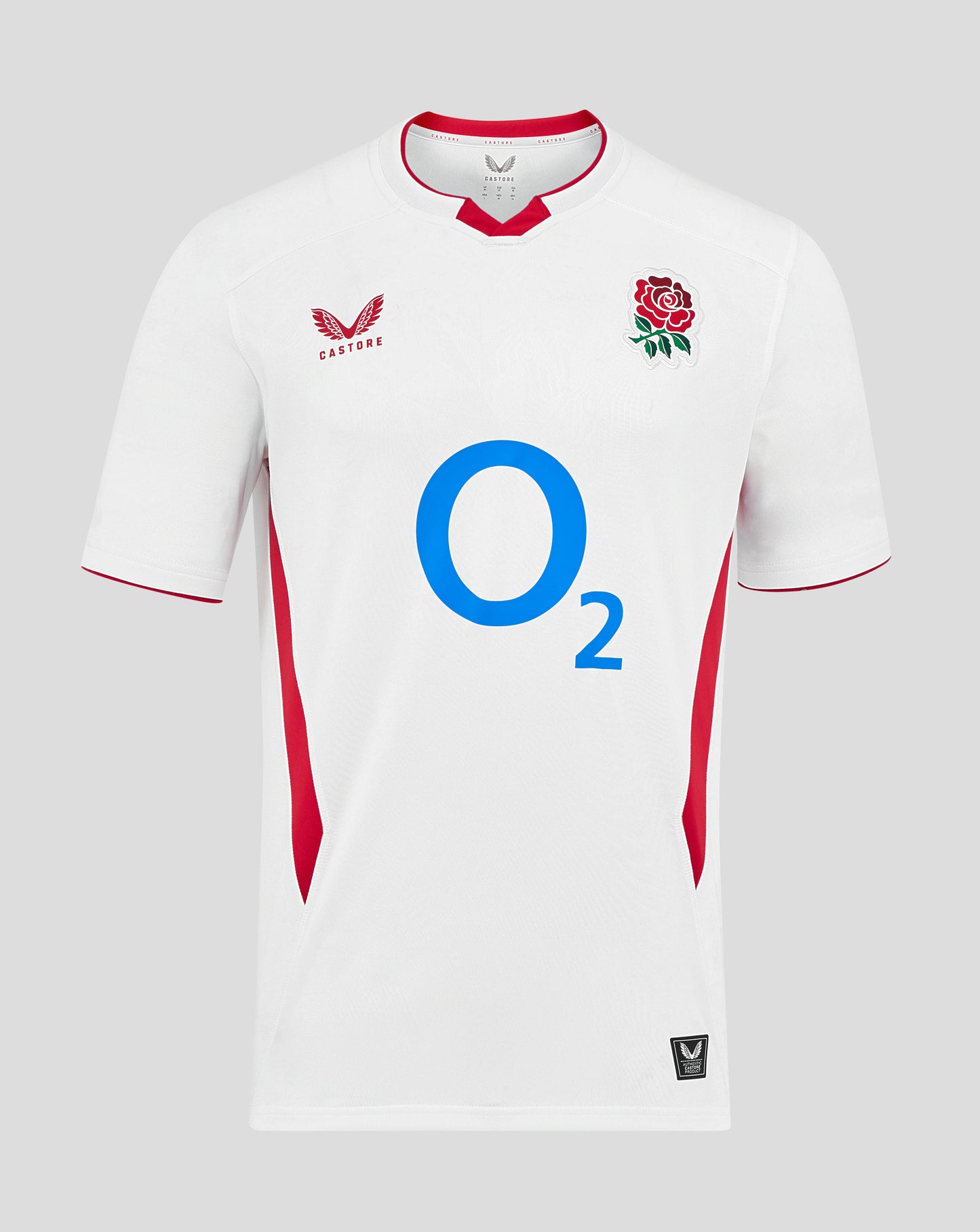 Front view of white England rugby home shirt displaying Rose crest left chest and large center O2 logo