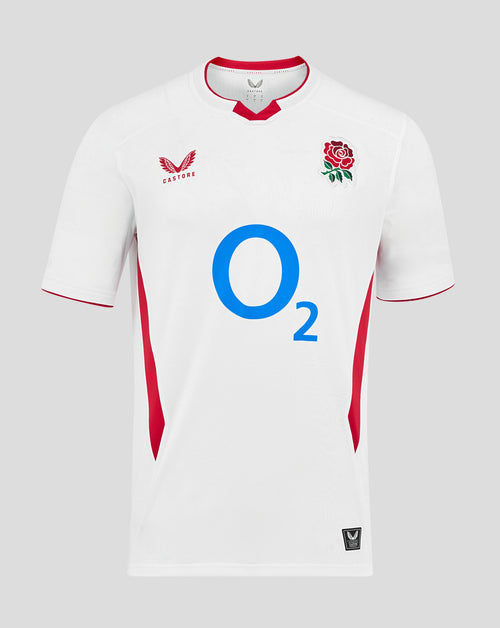 Front view of white England rugby home shirt displaying Rose crest left chest and large center O2 logo
