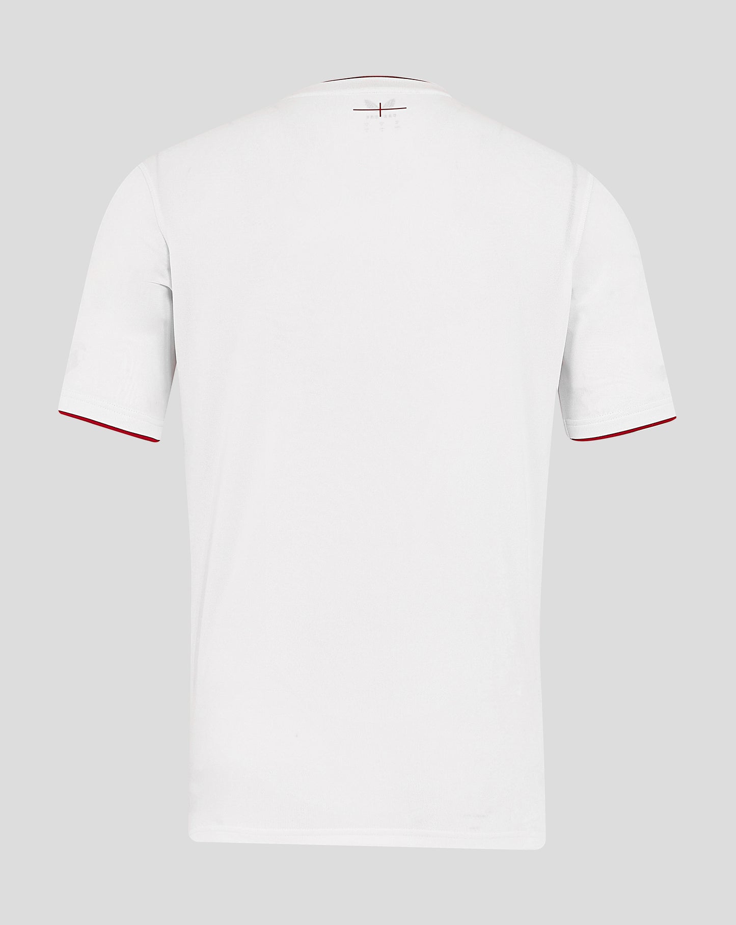 Back view of white England rugby home shirt with subtle neck tag and red trim along sleeves