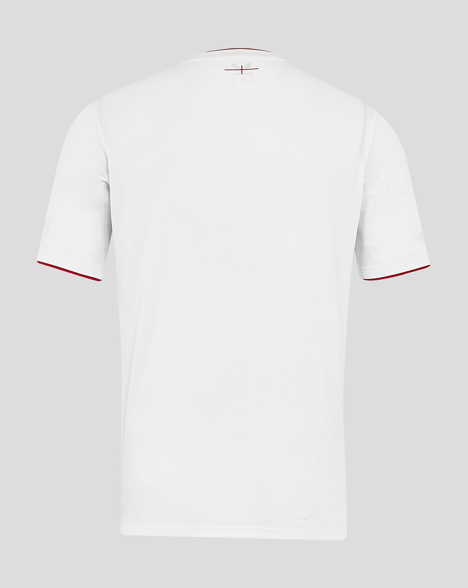 Back view of white England rugby home shirt with subtle neck tag and red trim along sleeves