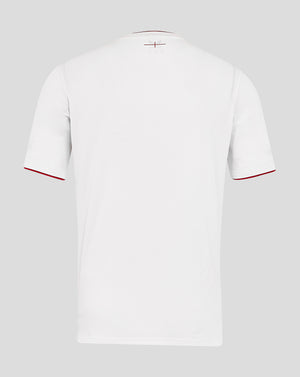 Back view of white England rugby home shirt with subtle neck tag and red trim along sleeves