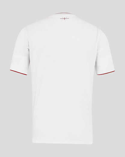 Back view of white England rugby home shirt with subtle neck tag and red trim along sleeves