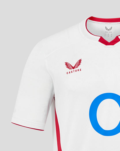 Neckline close up of white England rugby shirt with red trim and Castore branding inside neck plus authentic Castore product badge visible on lower chest