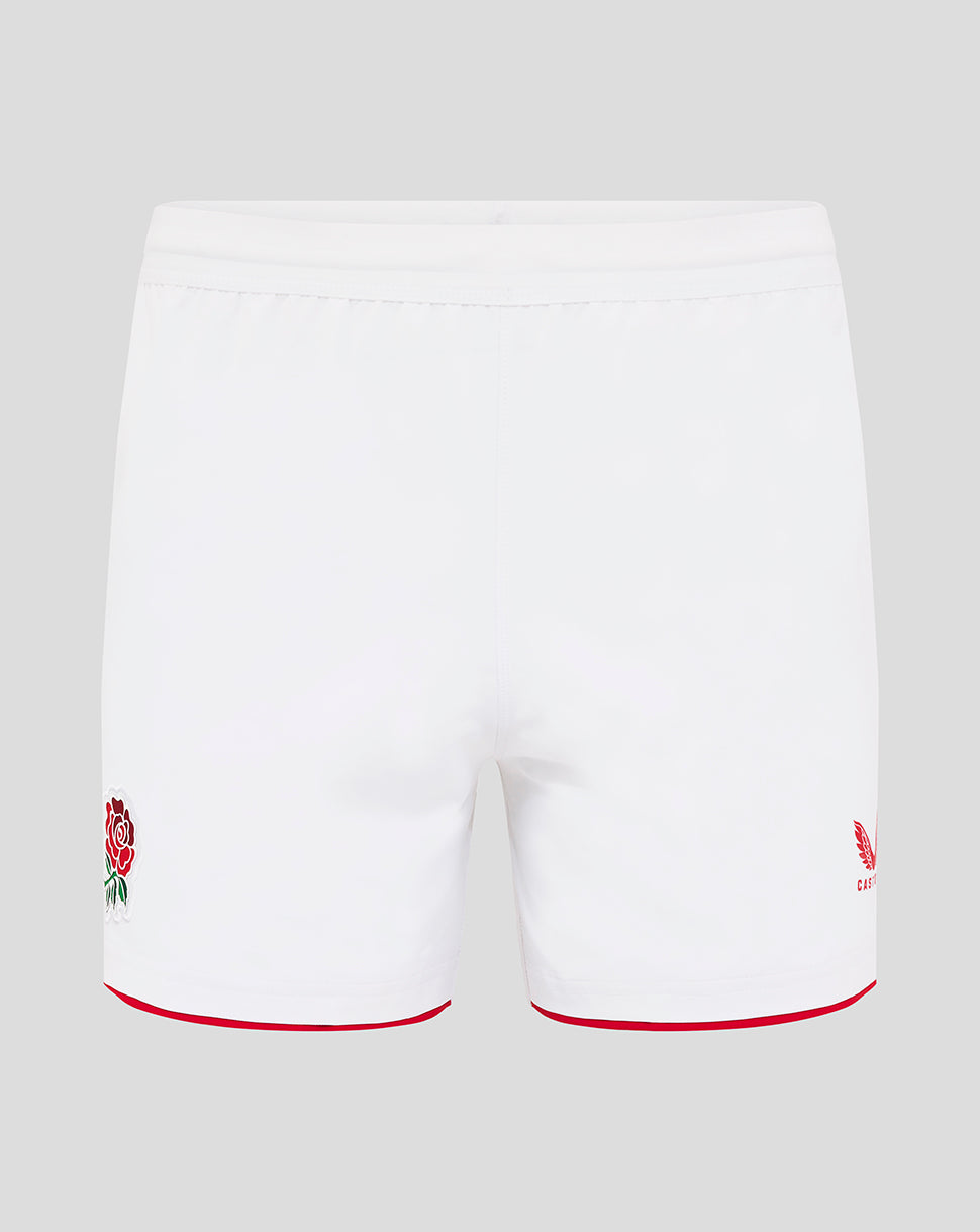 Back view of white England Home Shorts with red trim and rose crest on left leg and Castore logo on right