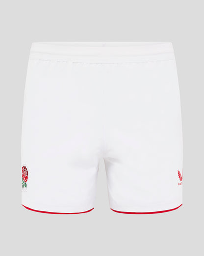 Back view of white England Home Shorts with red trim and rose crest on left leg and Castore logo on right