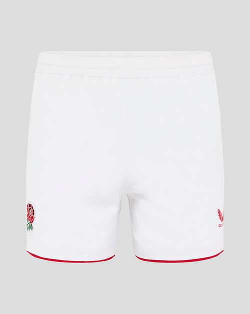 Back view of white England Home Shorts with red trim and rose crest on left leg and Castore logo on right