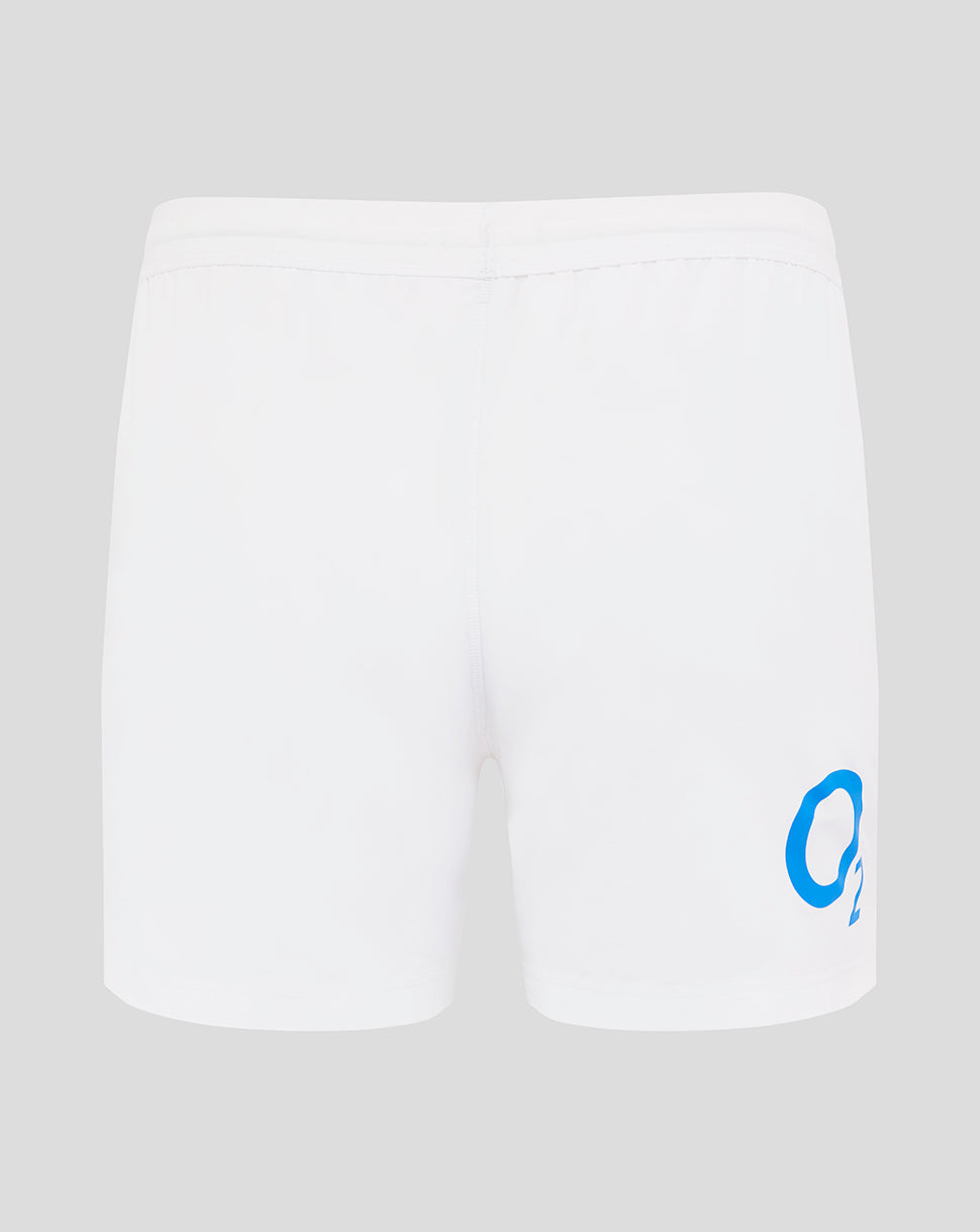Back view of brilliant white Men’s England Rugby Home Shorts with blue O2 logo on the back right thigh