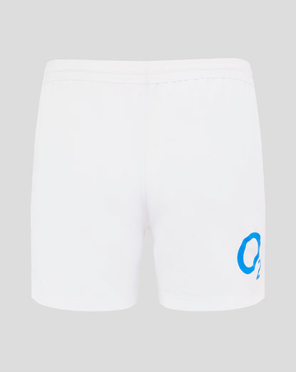 Back view of brilliant white Men’s England Rugby Home Shorts with blue O2 logo on the back right thigh