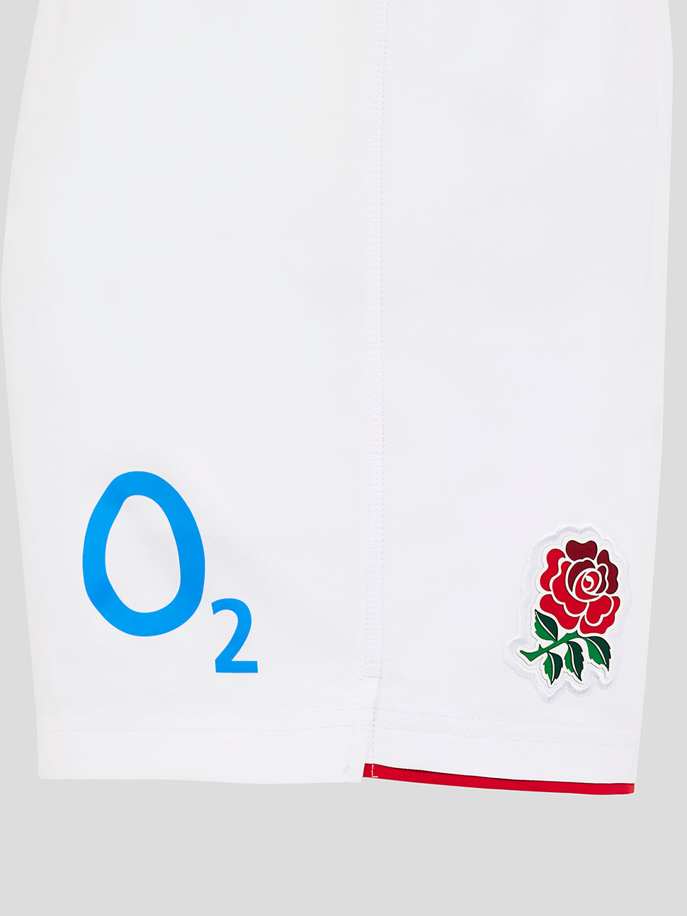 Front view of white England rugby home shorts with clean panel design and visible stitching