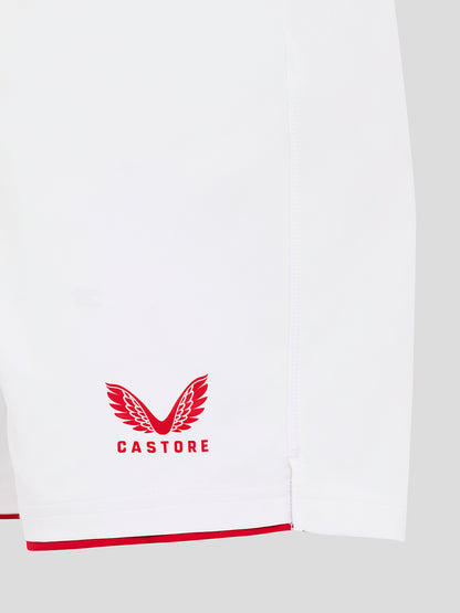 Close up of white England rugby home shorts showing blue O2 logo on left leg and Castore crest with red trim at hem