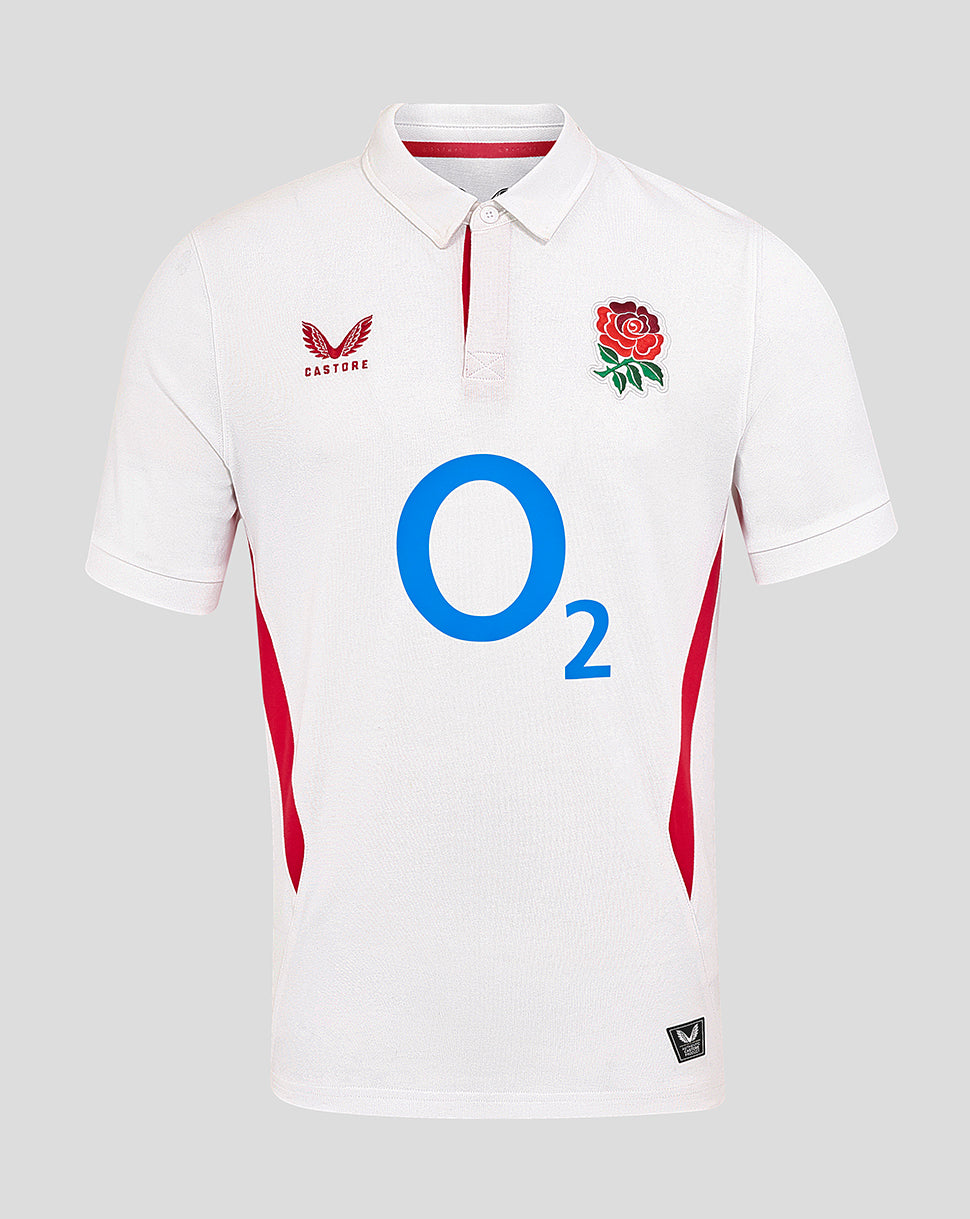 White England Rugby Home Classic shirt with rose crest left chest and O2 sponsor center plus red side panels.