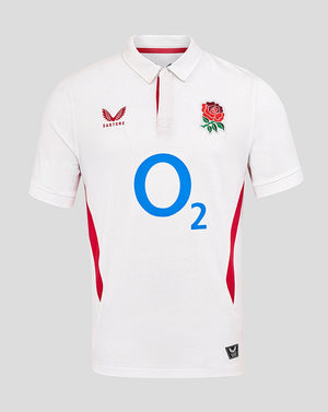 White England Rugby Home Classic shirt with rose crest left chest and O2 sponsor center plus red side panels.