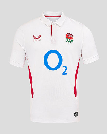 White England Rugby Home Classic shirt with rose crest left chest and O2 sponsor center plus red side panels.