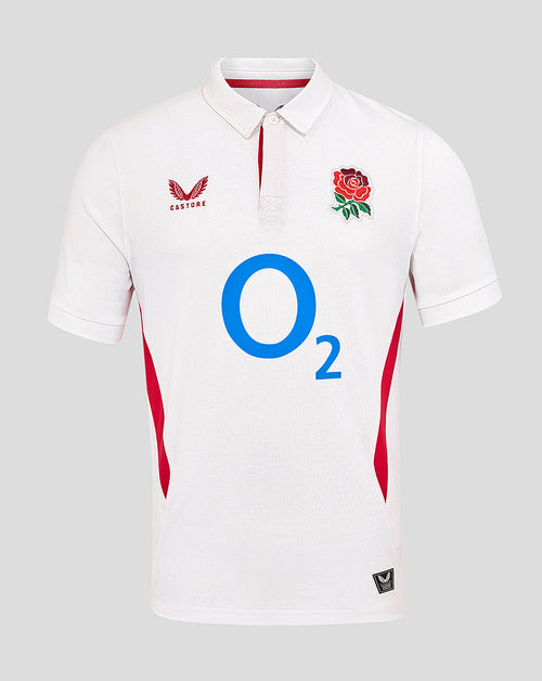 White England Rugby Home Classic shirt with rose crest left chest and O2 sponsor center plus red side panels.