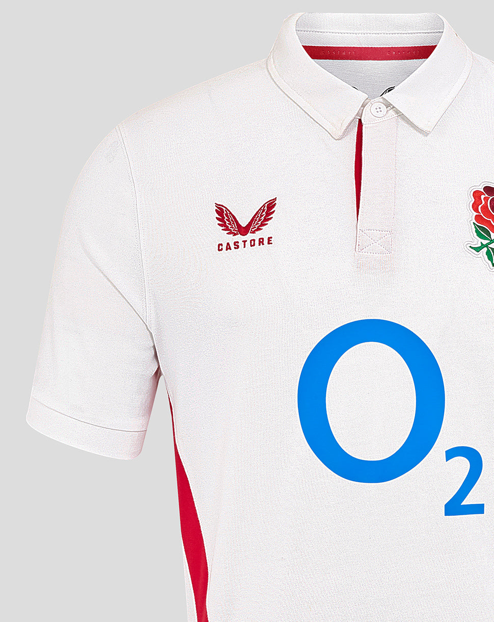 Close-up front of white England Rugby Home Classic shirt highlighting crest badge and prominent O2 logo