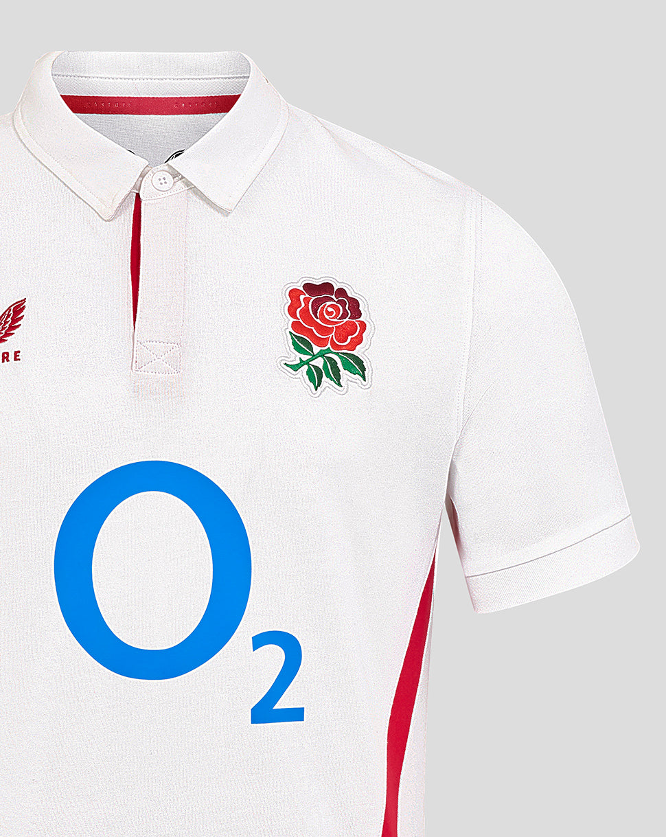 Front view showing rose crest on left chest and large O2 logo centered on white England Rugby Home Classic shirt