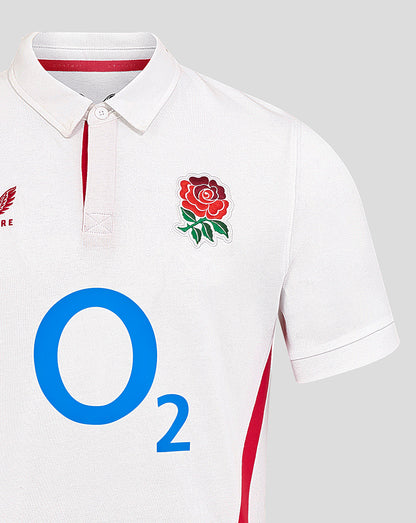 Front view showing rose crest on left chest and large O2 logo centered on white England Rugby Home Classic shirt
