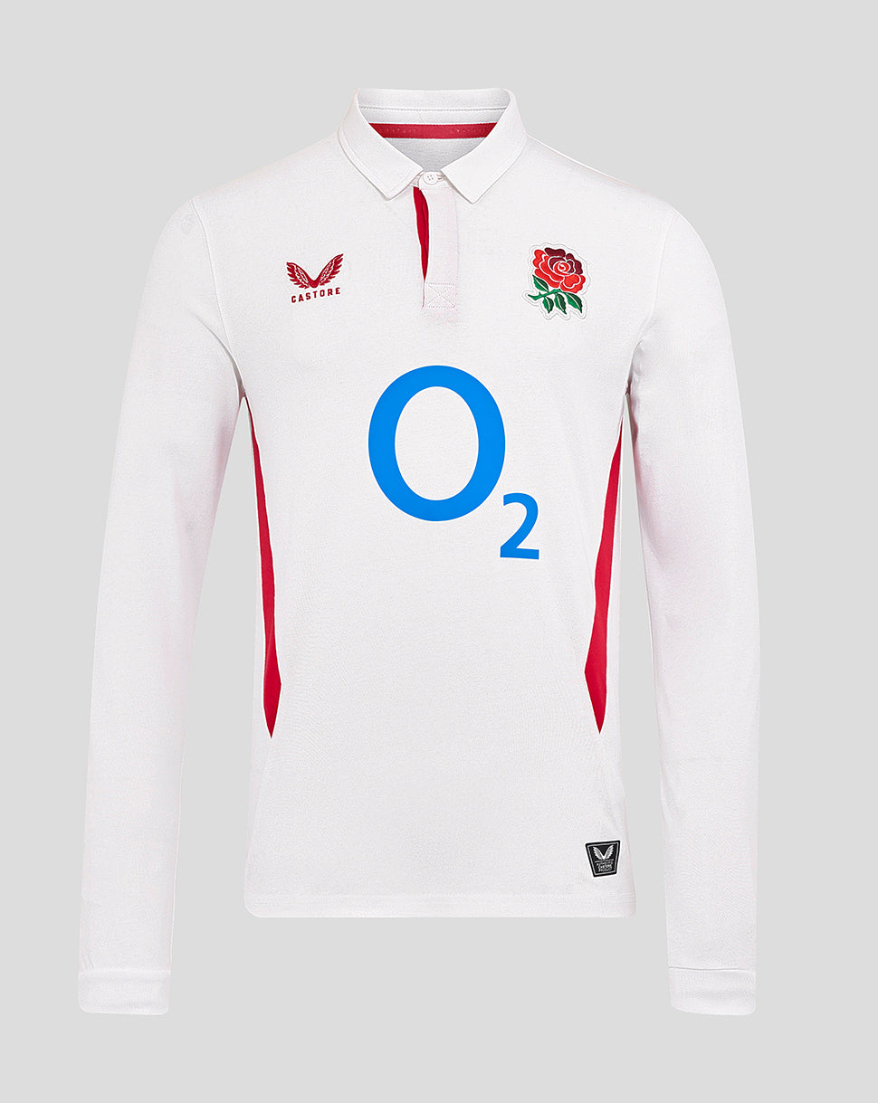 Front view of white England Rugby Home Classic long sleeve shirt with O2 center logo, Rose crest left chest, Castore logo right chest and red side panels