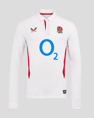 Front view of white England Rugby Home Classic long sleeve shirt with O2 center logo, Rose crest left chest, Castore logo right chest and red side panels