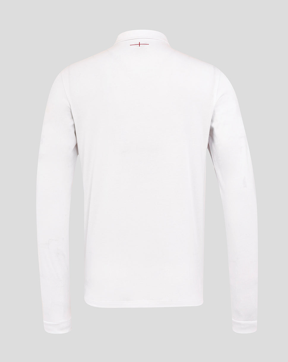 Back view of the white England Rugby Home Classic long sleeve shirt with a collar and red accent at the upper back