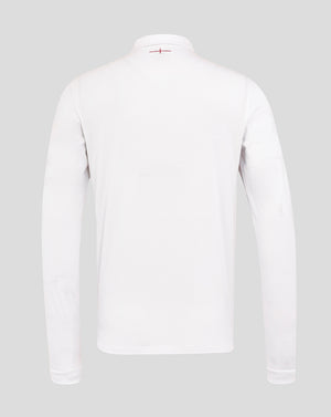 Back view of the white England Rugby Home Classic long sleeve shirt with a collar and red accent at the upper back