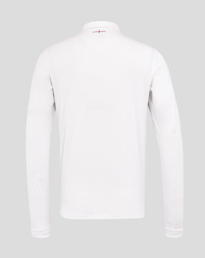 Back view of the white England Rugby Home Classic long sleeve shirt with a collar and red accent at the upper back