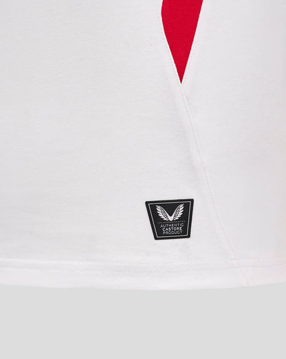 Close-up of the white England Rugby Home Classic shirt hem showing the Castore authentication patch.