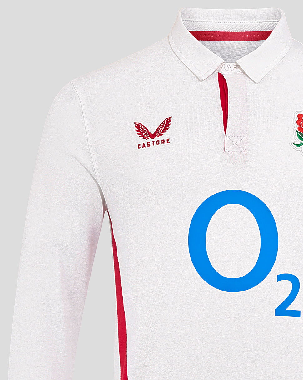 White England Rugby Home long sleeve shirt with O2 center logo and Castore badge on the chest alongside the Rose crest.