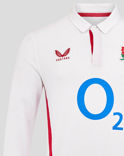 White England Rugby Home long sleeve shirt with O2 center logo and Castore badge on the chest alongside the Rose crest.