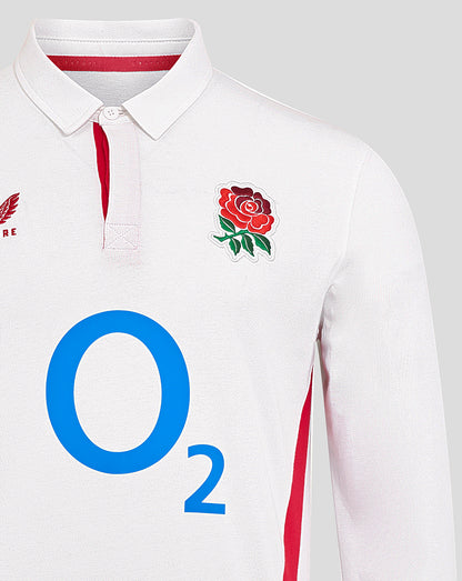 Close-up front chest of the white England Rugby shirt showing O2 sponsor and Rose crest with collar detail