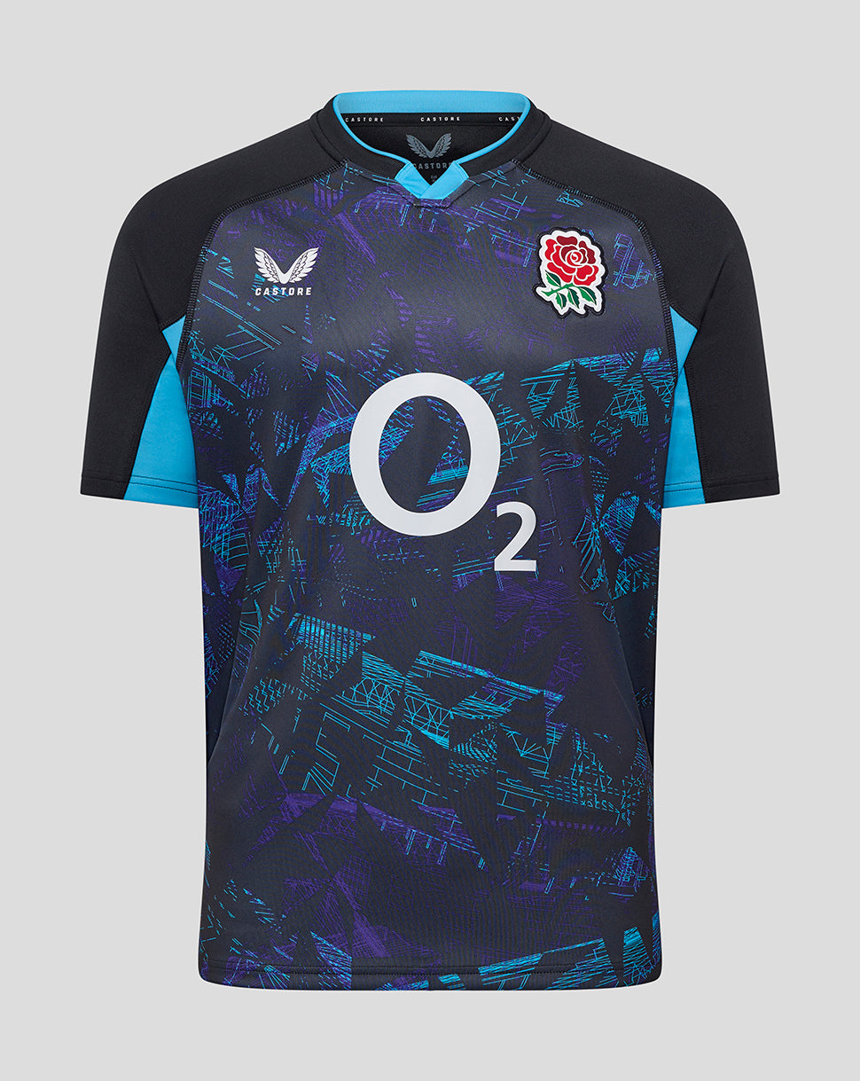 Black England Rugby replica alternate short sleeve shirt with blue side panels, crest on chest and large O2 logo across front