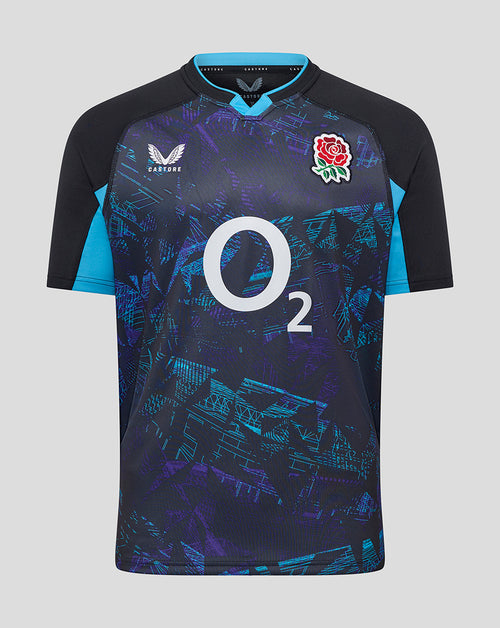 Black England Rugby replica alternate short sleeve shirt with blue side panels, crest on chest and large O2 logo across front