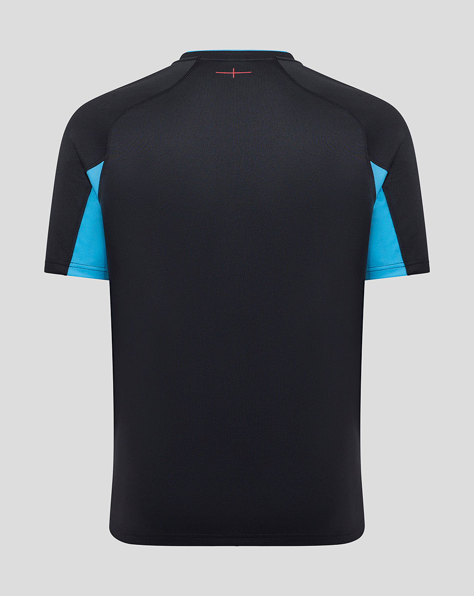 Back view of black England rugby replica shirt with turquoise sleeve panels and a pink stitched detail at the upper center