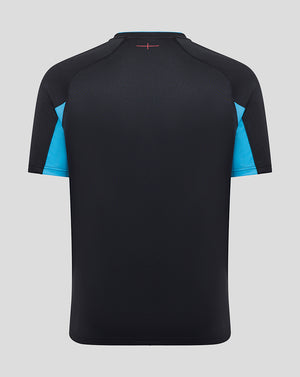 Back view of black England rugby replica shirt with turquoise sleeve panels and a pink stitched detail at the upper center