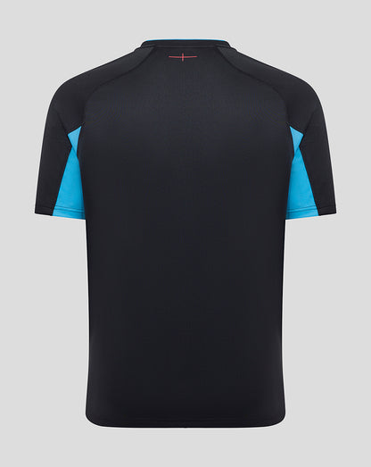 Back view of black England rugby replica shirt with turquoise sleeve panels and a pink stitched detail at the upper center