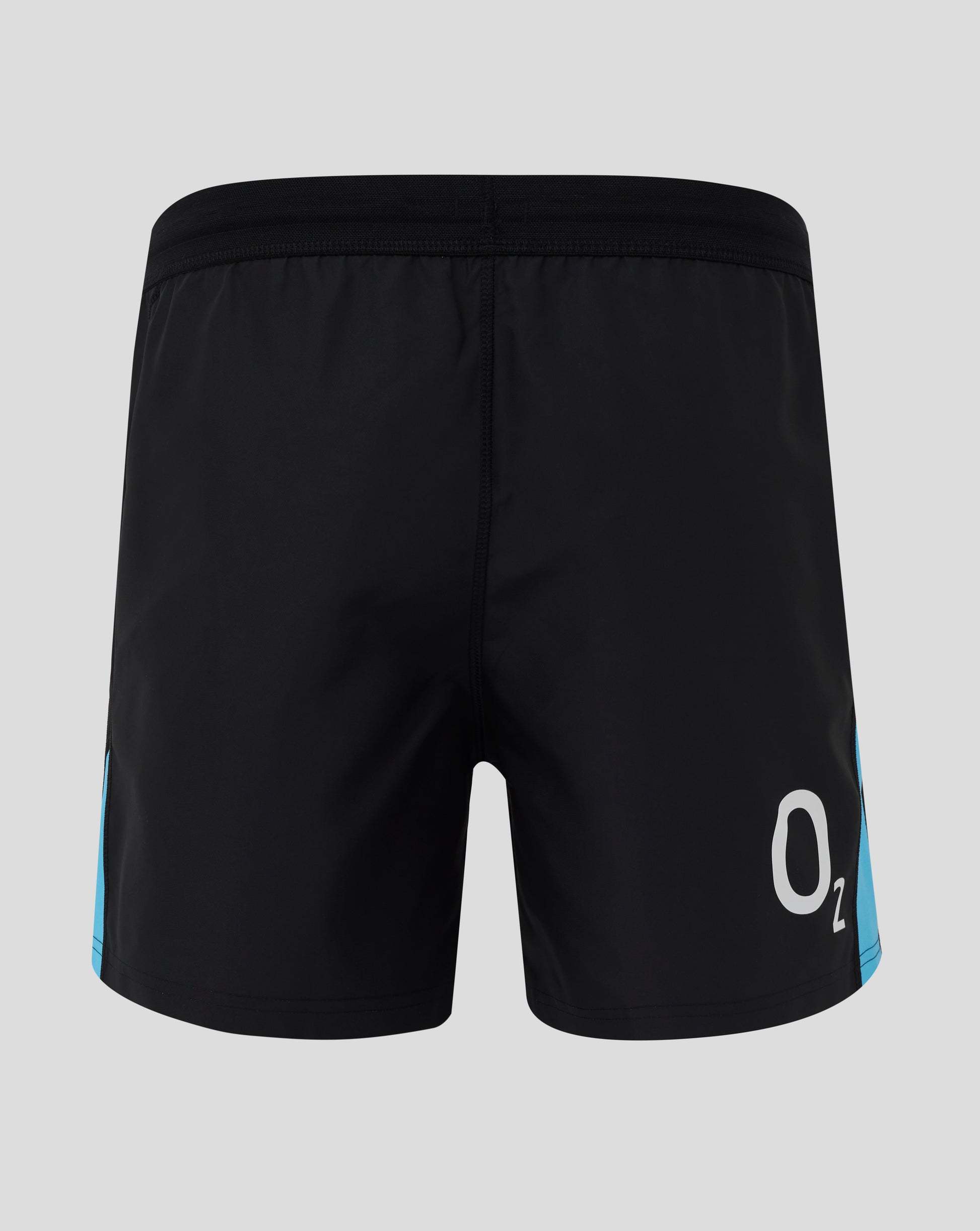 Back view of black England rugby shorts showing elastic waistband and a cyan side panel
