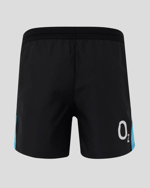 Back view of black England rugby shorts showing elastic waistband and a cyan side panel