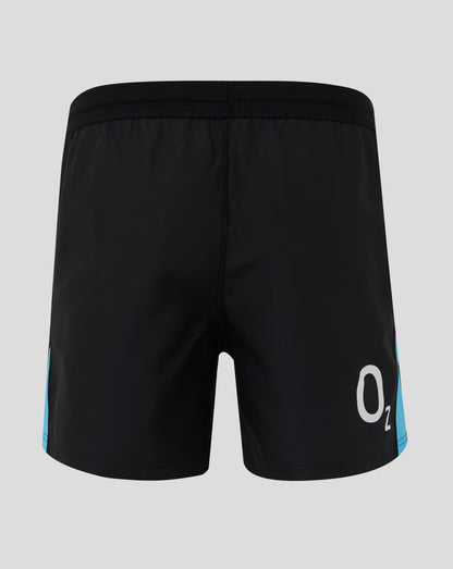 Back view of black England rugby shorts showing elastic waistband and a cyan side panel