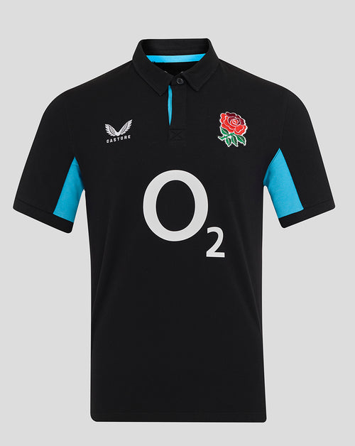 Front view of Men’s England Rugby Alternate Classic Short Sleeve Shirt in black with blue side panels, rose crest and O2 logo