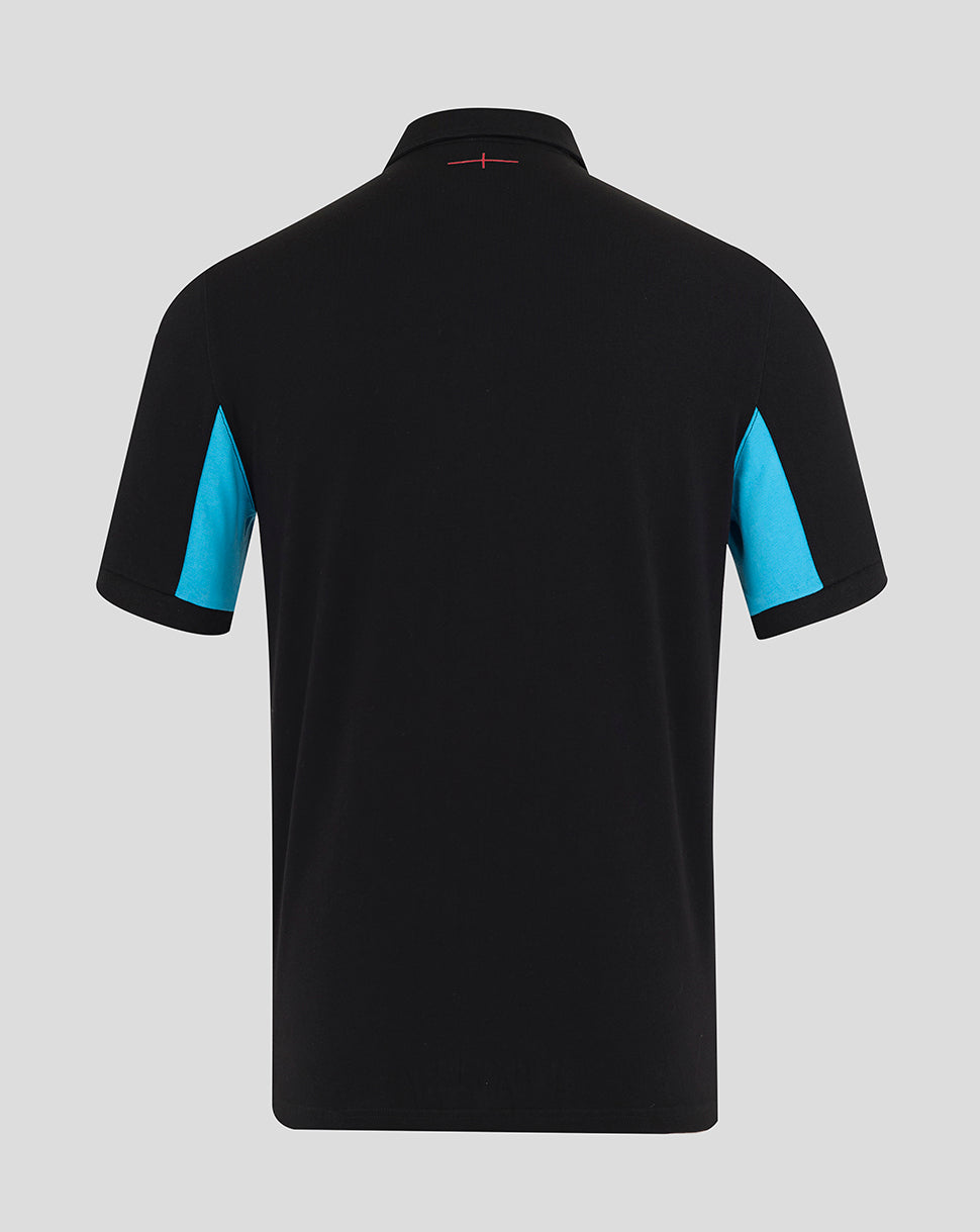 Back view of Men’s England Rugby Alternate Classic Short Sleeve Shirt in black with blue side panels and red collar stitch