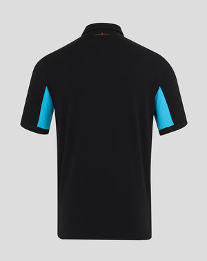Back view of Men’s England Rugby Alternate Classic Short Sleeve Shirt in black with blue side panels and red collar stitch