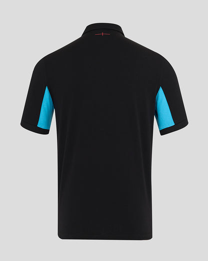 Back view of Men’s England Rugby Alternate Classic Short Sleeve Shirt in black with blue side panels and red collar stitch
