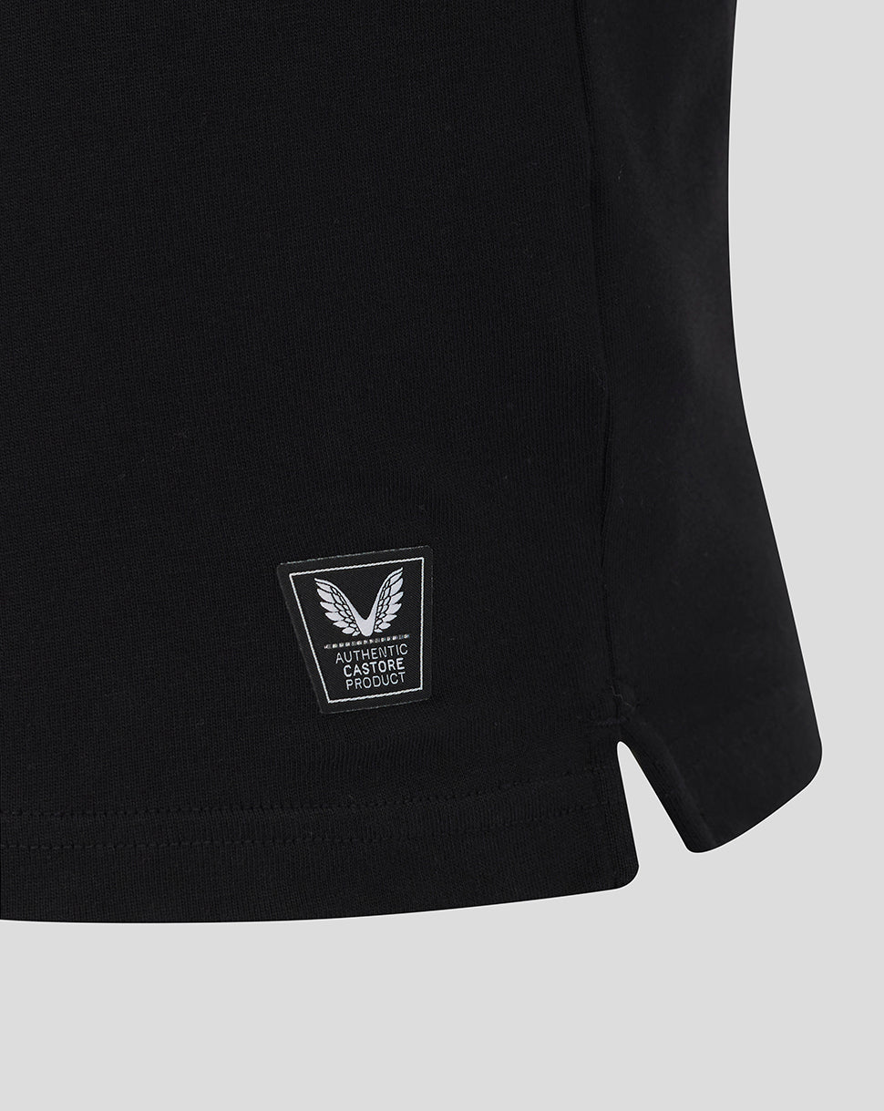Hem close up of black England Rugby Alternate shirt with Castore authenticity patch.
