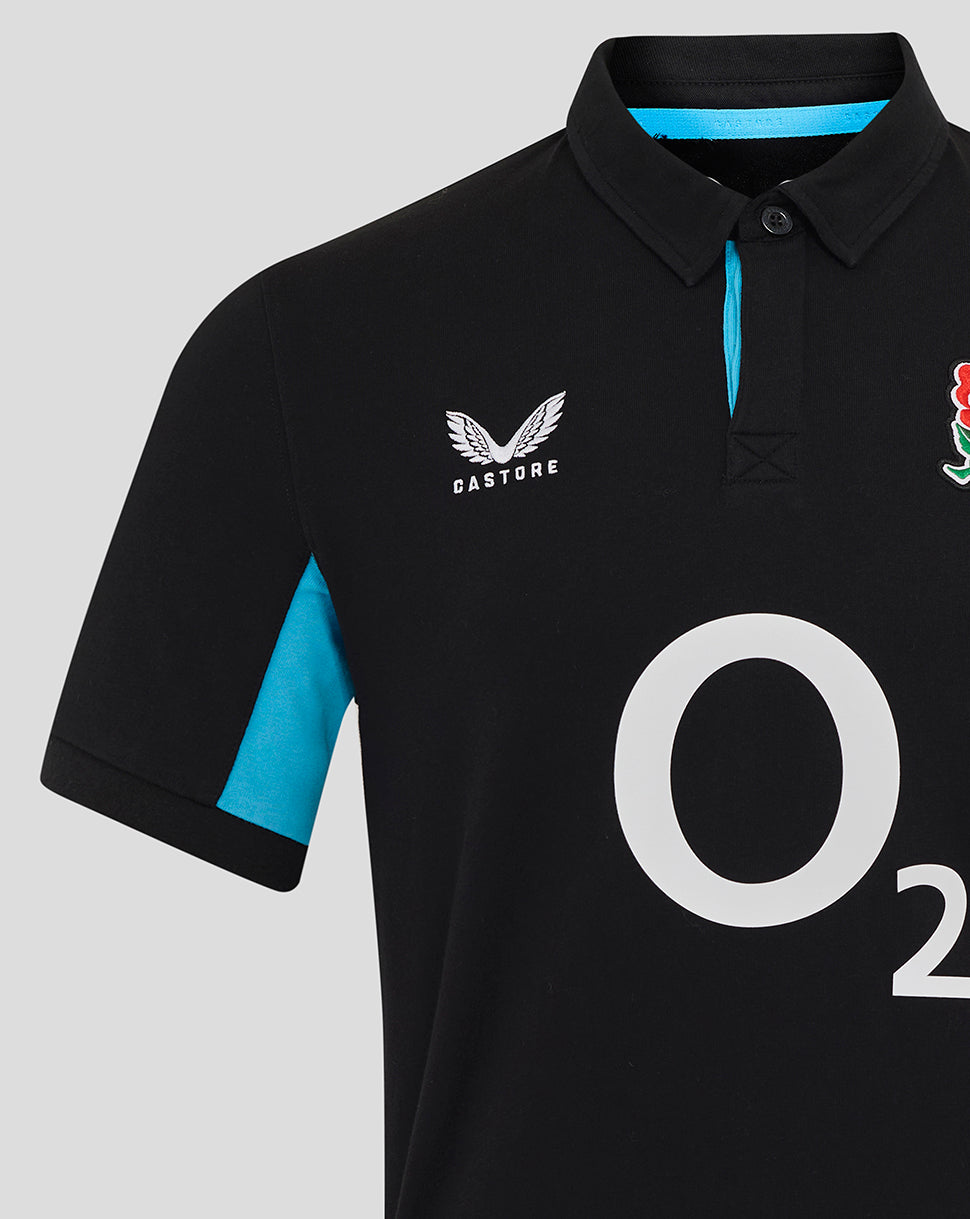 Black England Rugby Alternate short sleeve shirt with turquoise side panels, Rose crest on left chest and O2 logo on front.