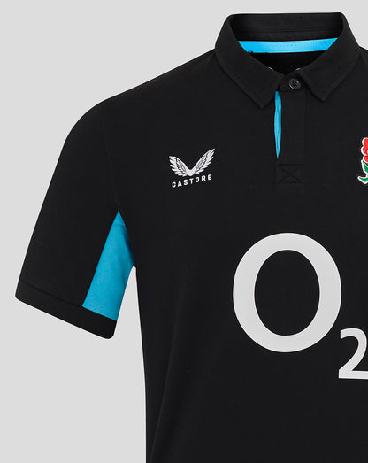 Black England Rugby Alternate short sleeve shirt with turquoise side panels, Rose crest on left chest and O2 logo on front.