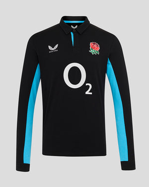 Back view of black alternate classic long sleeve England rugby shirt with cyan side panels.