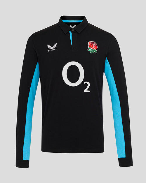 Back view of black alternate classic long sleeve England rugby shirt with cyan side panels.