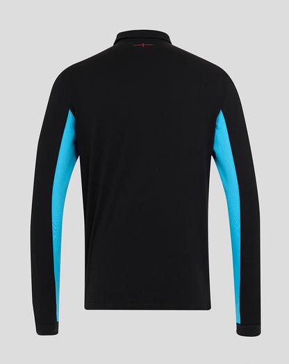 Front view of black England rugby alternate classic long sleeve shirt with cyan side panels and O2 logo.