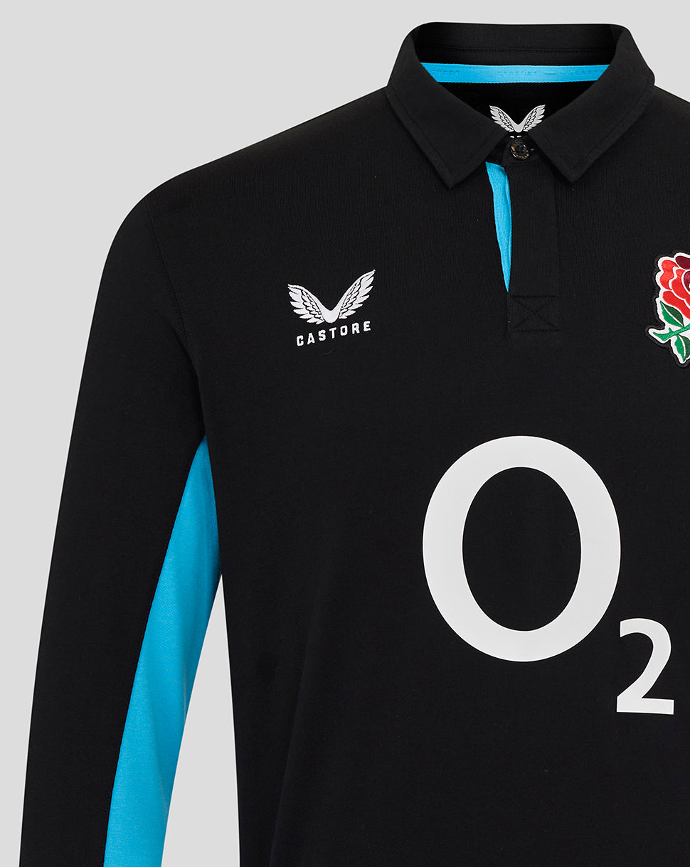 Black England Rugby jersey showing blue side panels, O2 front logo, Castore logo on the left chest, and red rose crest on the right chest